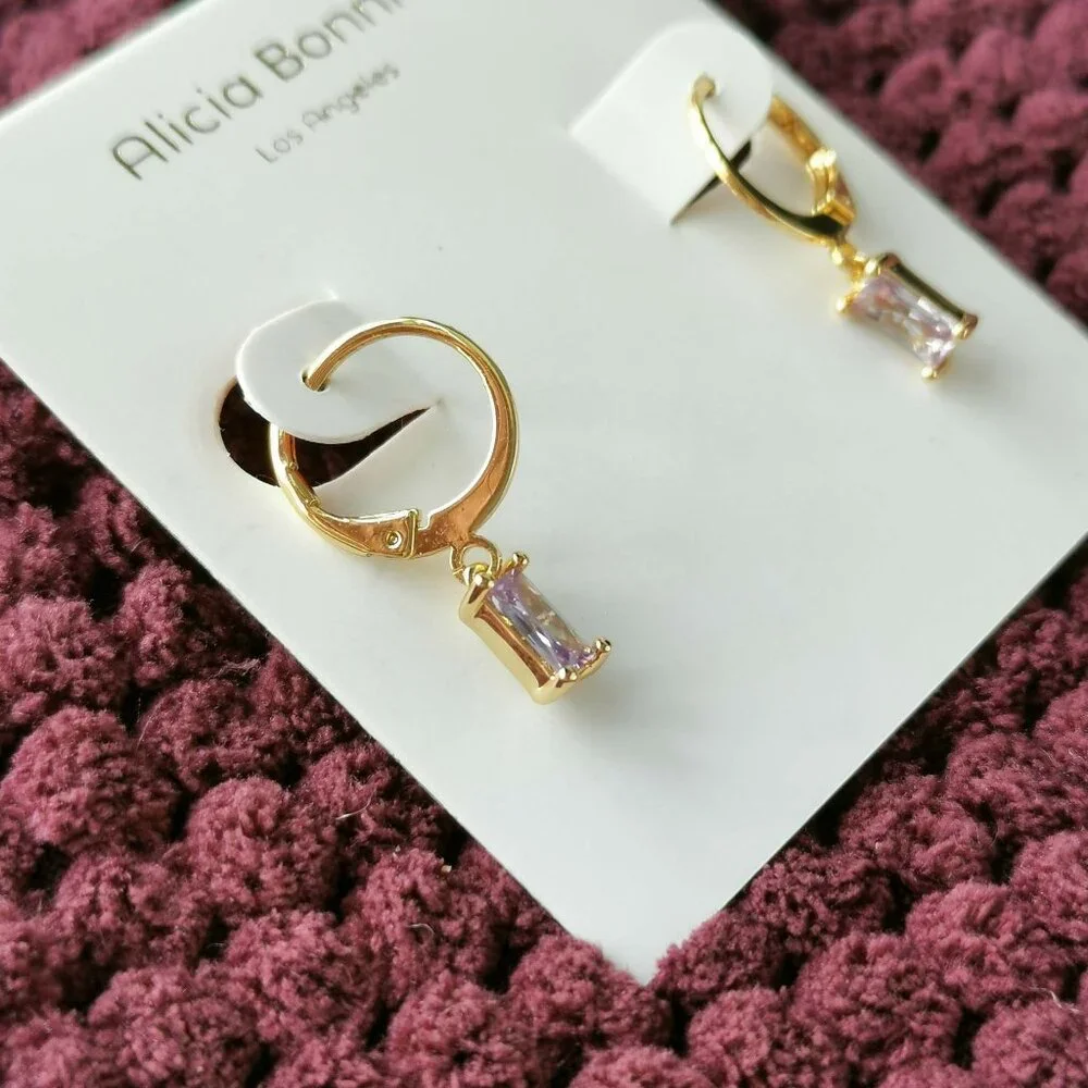 Alicia Bonnie Gold Pastel Purple Crystal Twinkling Treasure huggie drop earrings - Picture 3 of 3